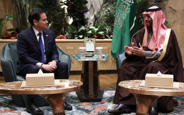 U.S Secretary of State Marco Rubio, left, meets with Saudi Arabia's Crown Prince Mohammed bin Salman, right, in Riyadh, Saudi Arabia, Monday Feb. 17, 2025. (Evelyn Hockstein/Pool Photo via AP)